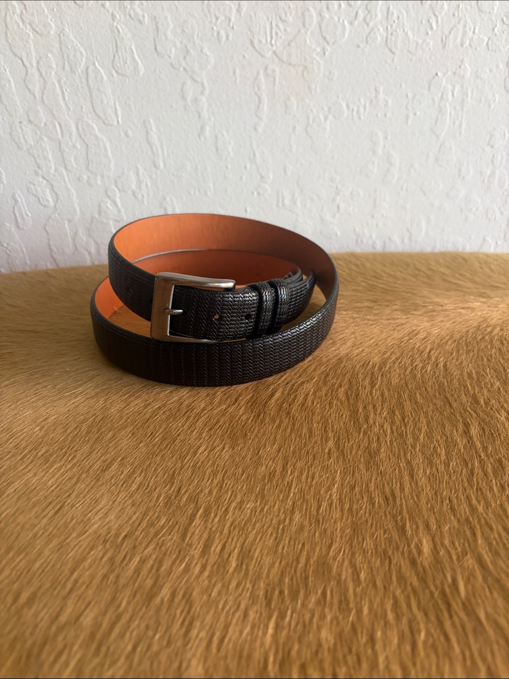 Trafalgar Black Textured Leather Belt with Orange Lining /wore one time